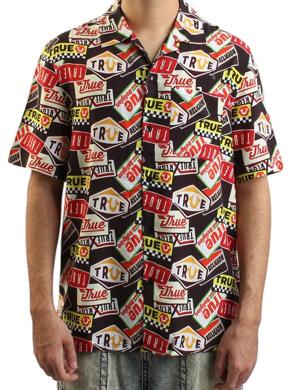 True Religion Men’s 3XL NWT Allover Vintage Logo Camp Collar Shirt